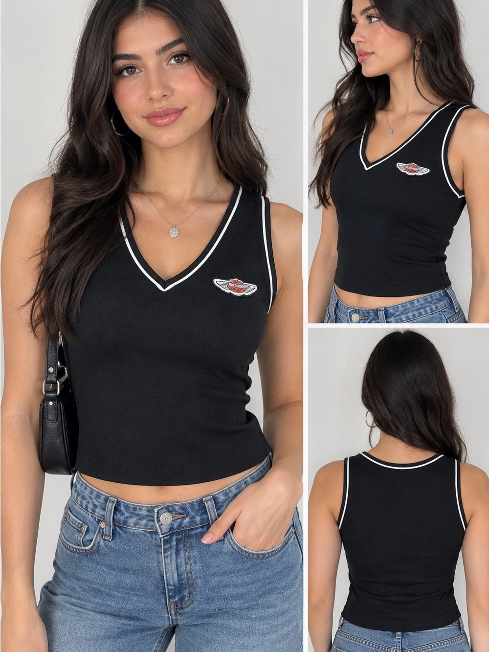 Harley-Davidson Black V-Neck Tank with White Trim and Logo Patch